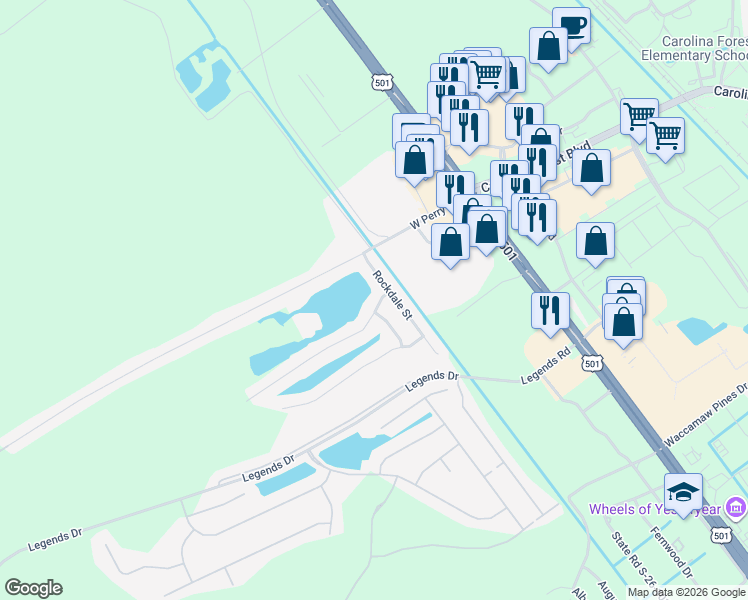 map of restaurants, bars, coffee shops, grocery stores, and more near 106 Rockdale Street in Myrtle Beach