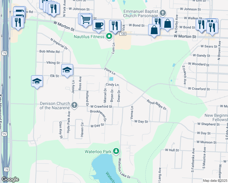 map of restaurants, bars, coffee shops, grocery stores, and more near 508 Bryan Drive in Denison
