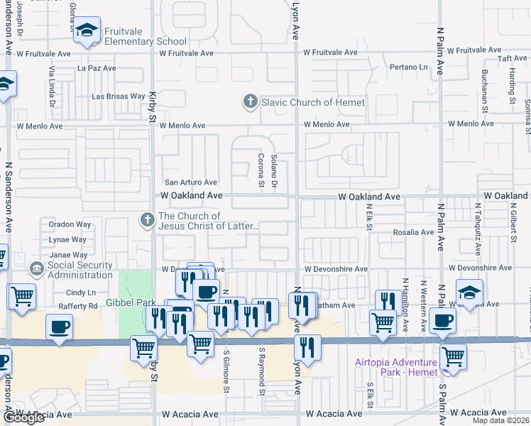map of restaurants, bars, coffee shops, grocery stores, and more near 1835 Pueblo Drive in Hemet