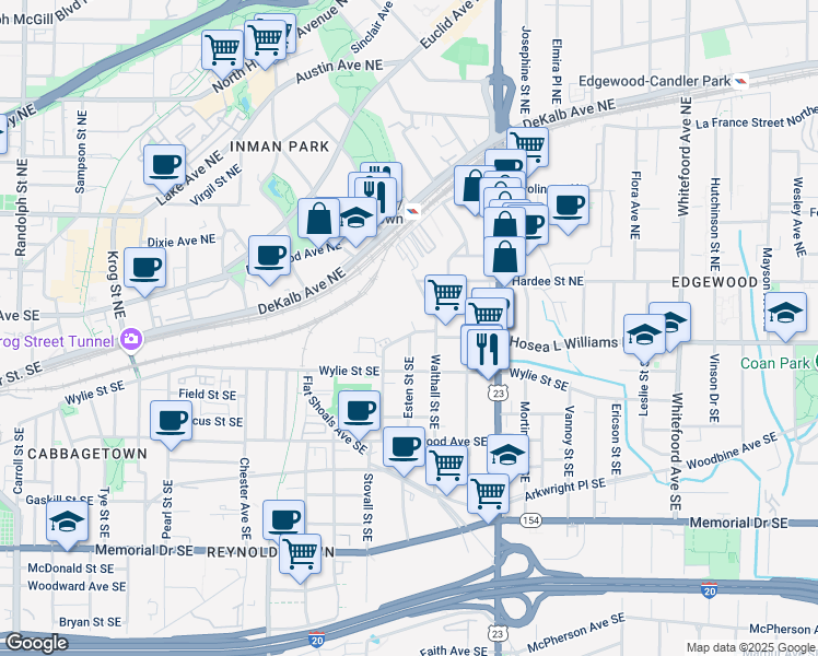 map of restaurants, bars, coffee shops, grocery stores, and more near 1050 Boulevard Drive Northeast in Atlanta