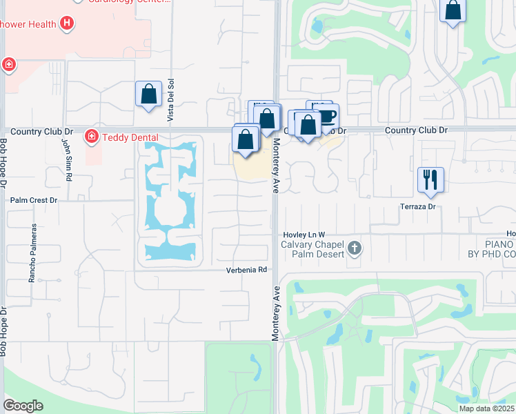 map of restaurants, bars, coffee shops, grocery stores, and more near 52 Camino Real in Rancho Mirage