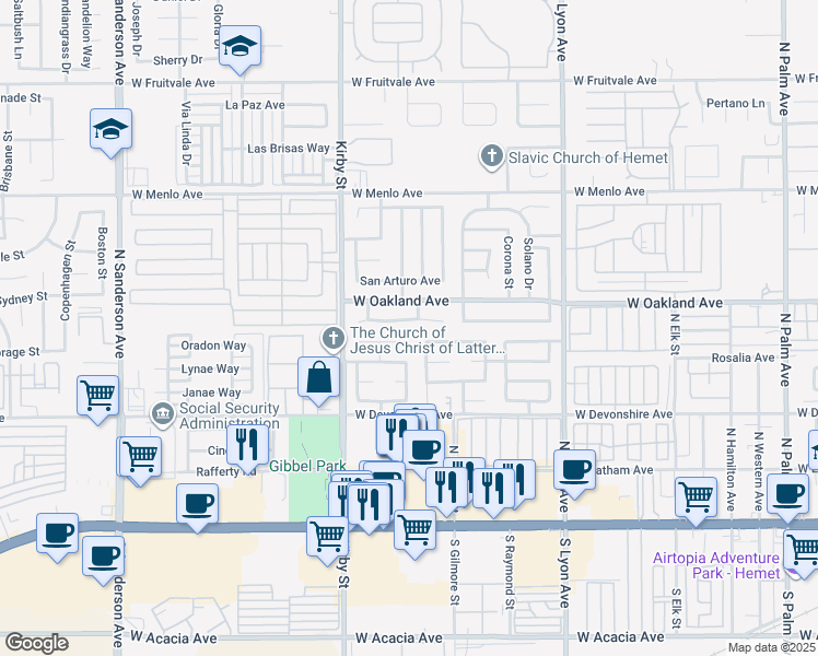 map of restaurants, bars, coffee shops, grocery stores, and more near 2253 San Bernardo Avenue in Hemet