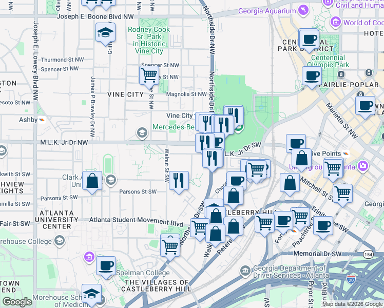map of restaurants, bars, coffee shops, grocery stores, and more near Mitchell Street Southwest & Beckwith Court Southwest in Atlanta