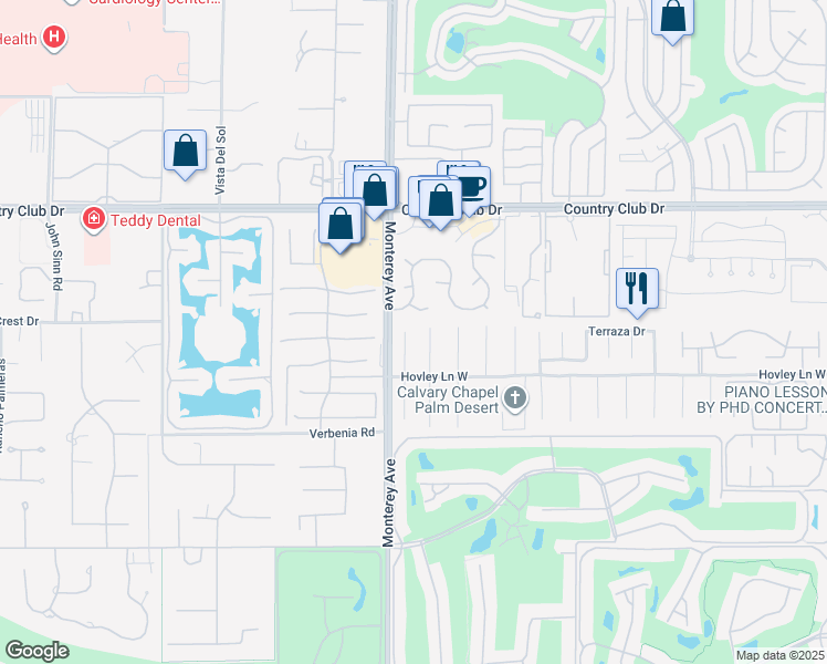 map of restaurants, bars, coffee shops, grocery stores, and more near 40440 Periwinkle Court in Palm Desert