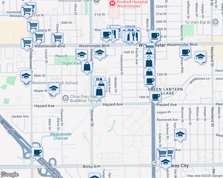map of restaurants, bars, coffee shops, grocery stores, and more near 14311 Joyce Avenue in Westminster