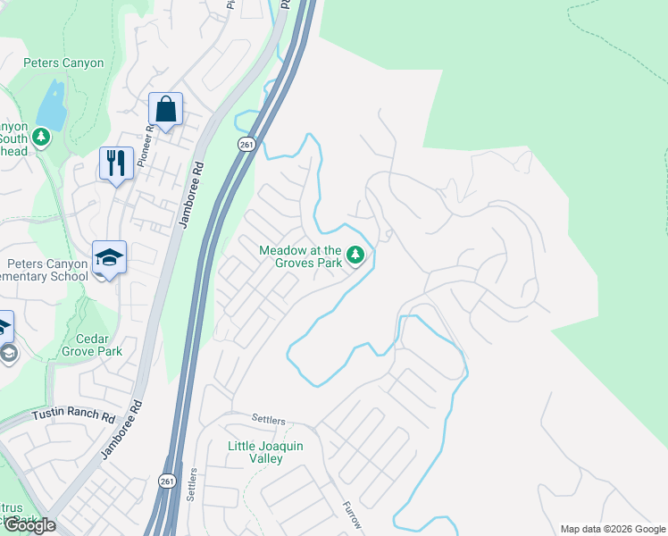 map of restaurants, bars, coffee shops, grocery stores, and more near 225 Woody Knoll in Irvine