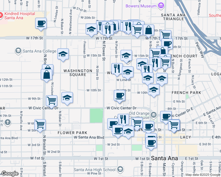 map of restaurants, bars, coffee shops, grocery stores, and more near 1021 North Flower Street in Santa Ana