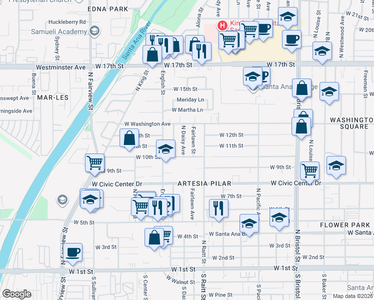 map of restaurants, bars, coffee shops, grocery stores, and more near 1109 Fairlawn Street in Santa Ana