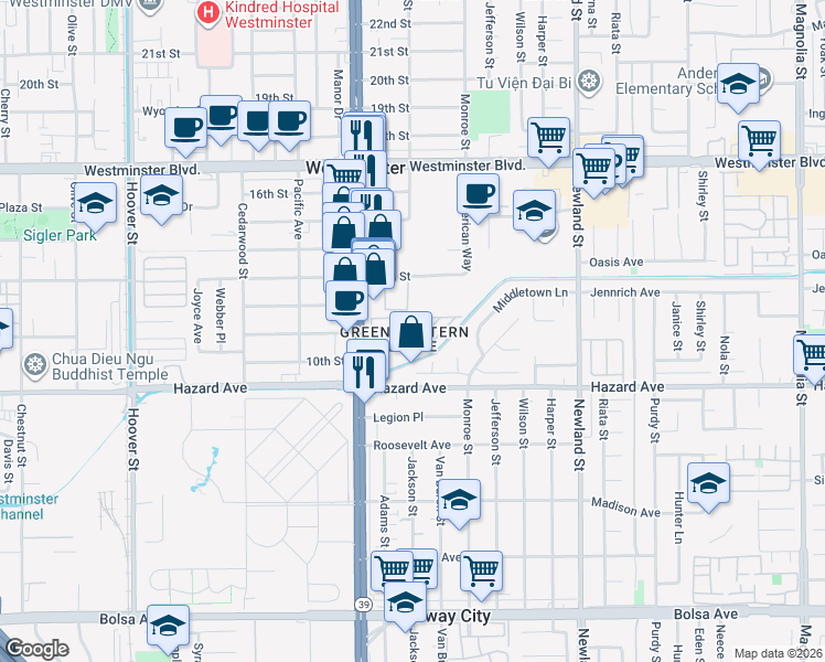 map of restaurants, bars, coffee shops, grocery stores, and more near 8180 13th Street in Westminster