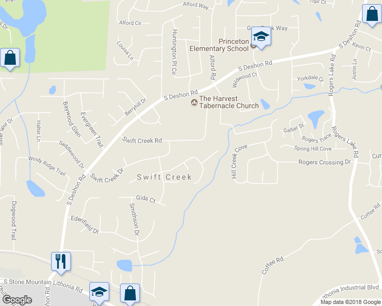 map of restaurants, bars, coffee shops, grocery stores, and more near 6584 Rebecca Lou Lane in Lithonia