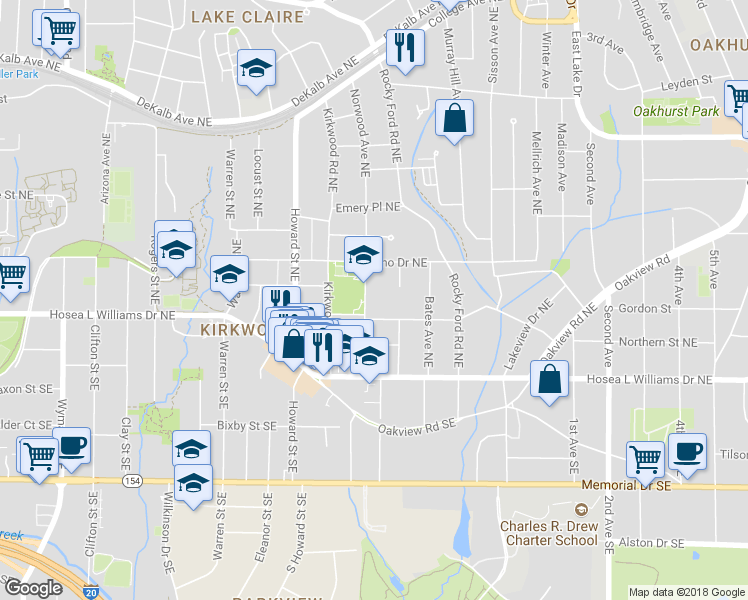 map of restaurants, bars, coffee shops, grocery stores, and more near 93 Norwood Avenue Northeast in Atlanta