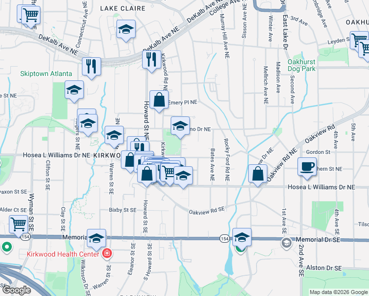 map of restaurants, bars, coffee shops, grocery stores, and more near 93 Norwood Avenue Northeast in Atlanta