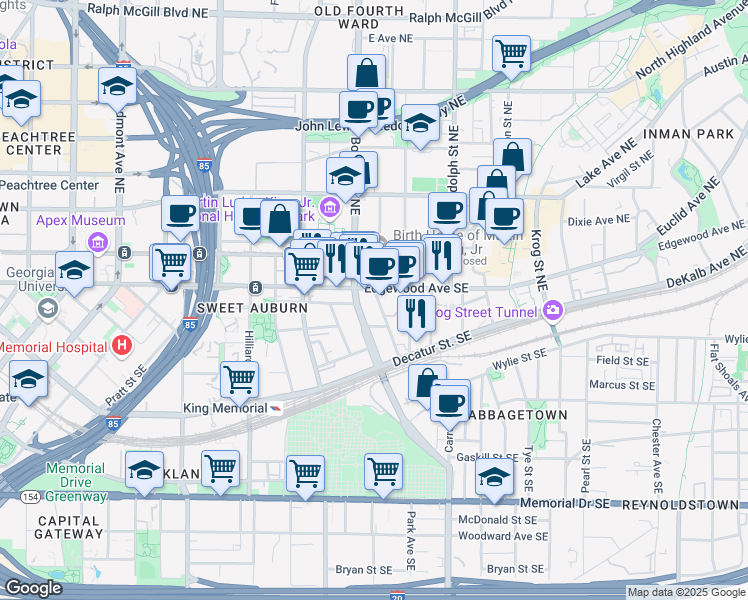 map of restaurants, bars, coffee shops, grocery stores, and more near 476 Edgewood Avenue Southeast in Atlanta