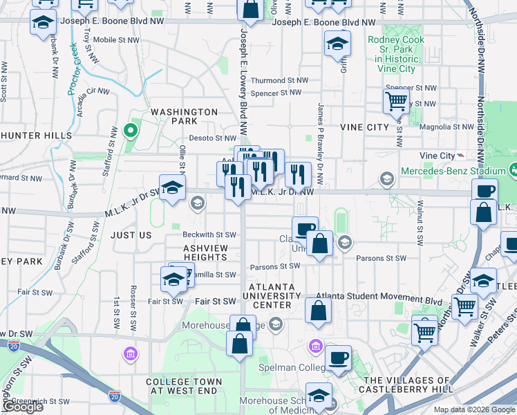 map of restaurants, bars, coffee shops, grocery stores, and more near in Atlanta