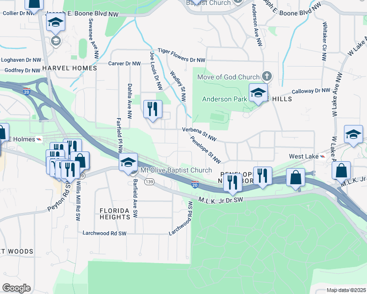 map of restaurants, bars, coffee shops, grocery stores, and more near 67 Wadley Street Northwest in Atlanta