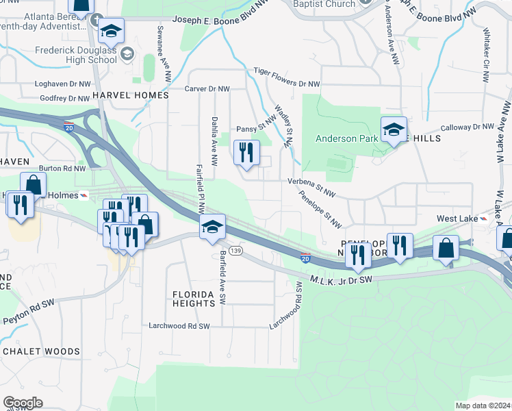 map of restaurants, bars, coffee shops, grocery stores, and more near 117 Lamar Avenue Northwest in Atlanta