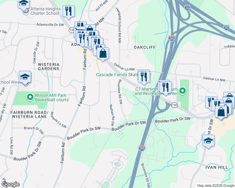 map of restaurants, bars, coffee shops, grocery stores, and more near 92 Brownlee Road Southwest in Atlanta