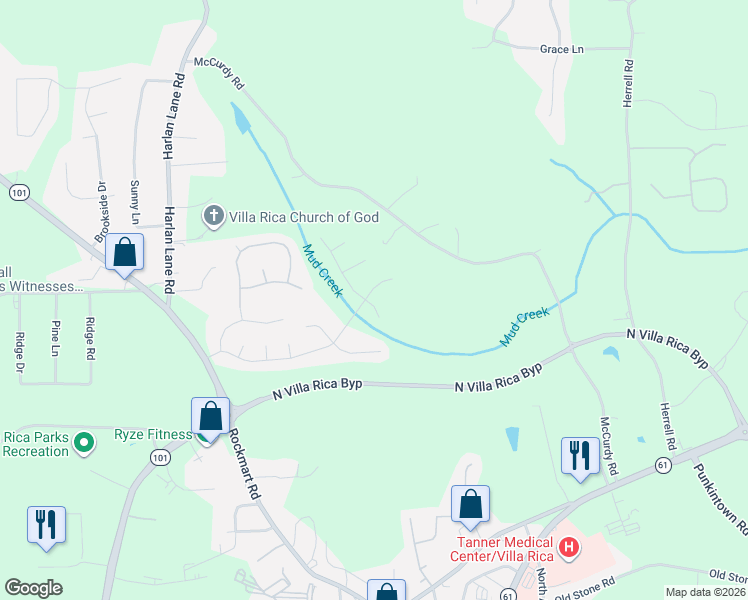 map of restaurants, bars, coffee shops, grocery stores, and more near 163 Reid Plantation Drive in Villa Rica
