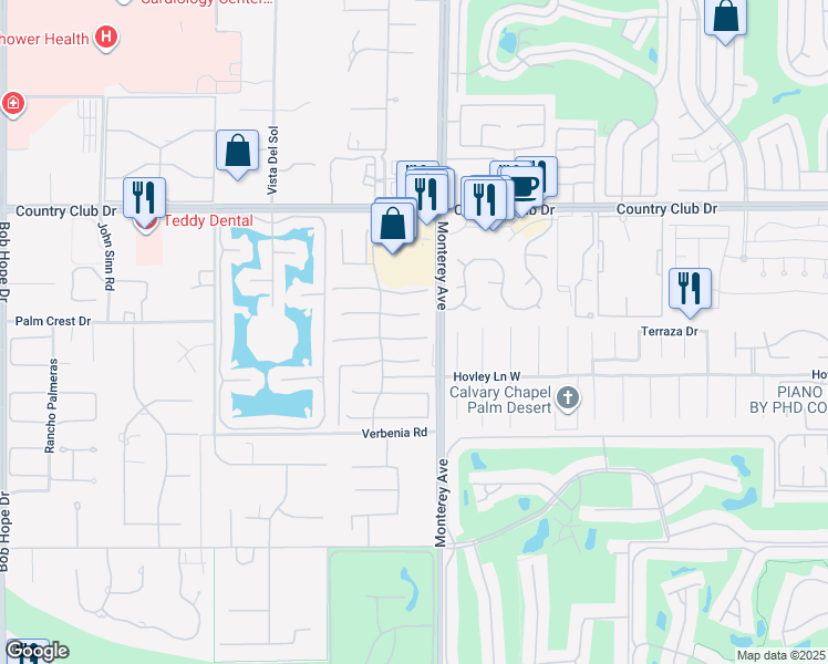 map of restaurants, bars, coffee shops, grocery stores, and more near 52 Camino Real in Rancho Mirage