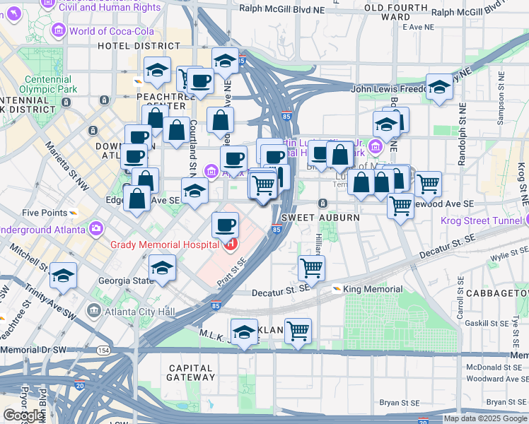 map of restaurants, bars, coffee shops, grocery stores, and more near 246 Edgewood Avenue Southeast in Atlanta