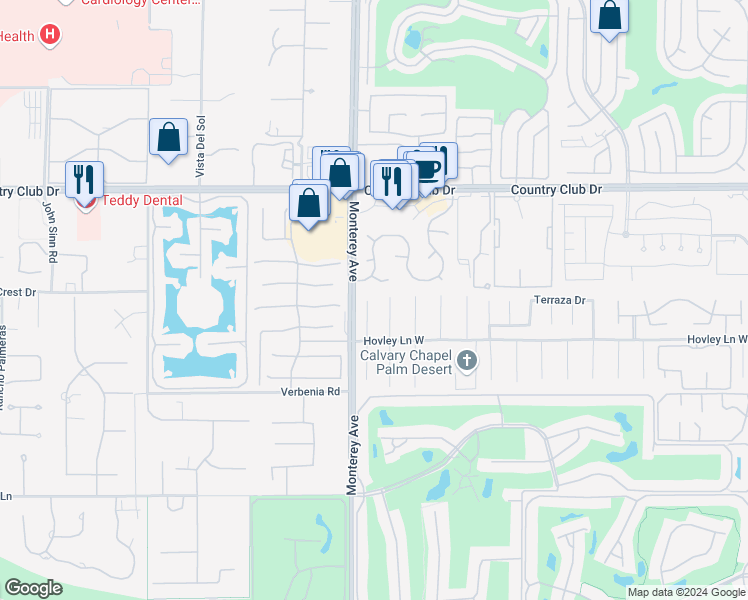 map of restaurants, bars, coffee shops, grocery stores, and more near 40560 Glenwood Lane in Palm Desert
