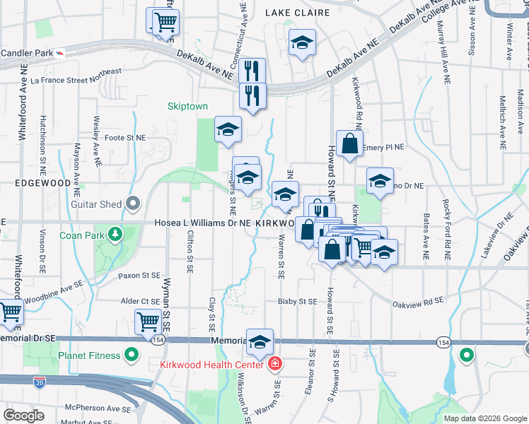 map of restaurants, bars, coffee shops, grocery stores, and more near Toomer Trail in Atlanta