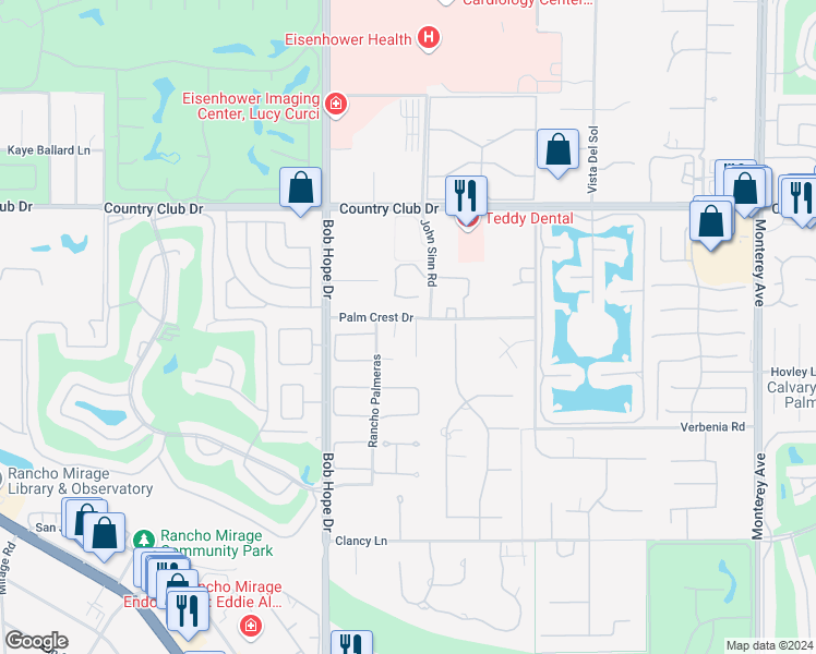 map of restaurants, bars, coffee shops, grocery stores, and more near 1 Desert Lark Circle in Rancho Mirage