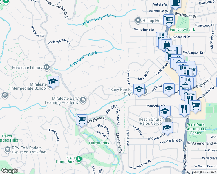 map of restaurants, bars, coffee shops, grocery stores, and more near 6457 Via De Anzar in Rancho Palos Verdes