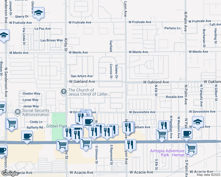 map of restaurants, bars, coffee shops, grocery stores, and more near 1867 Pueblo Drive in Hemet
