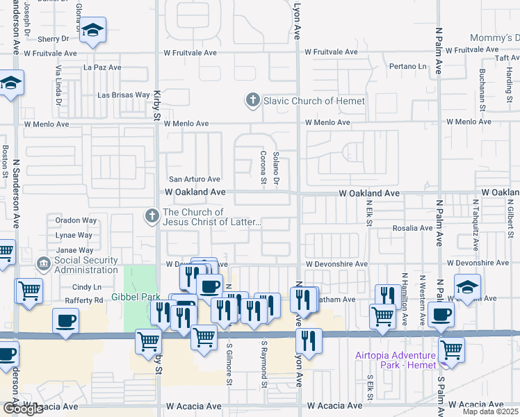 map of restaurants, bars, coffee shops, grocery stores, and more near 1905 Pueblo Drive in Hemet