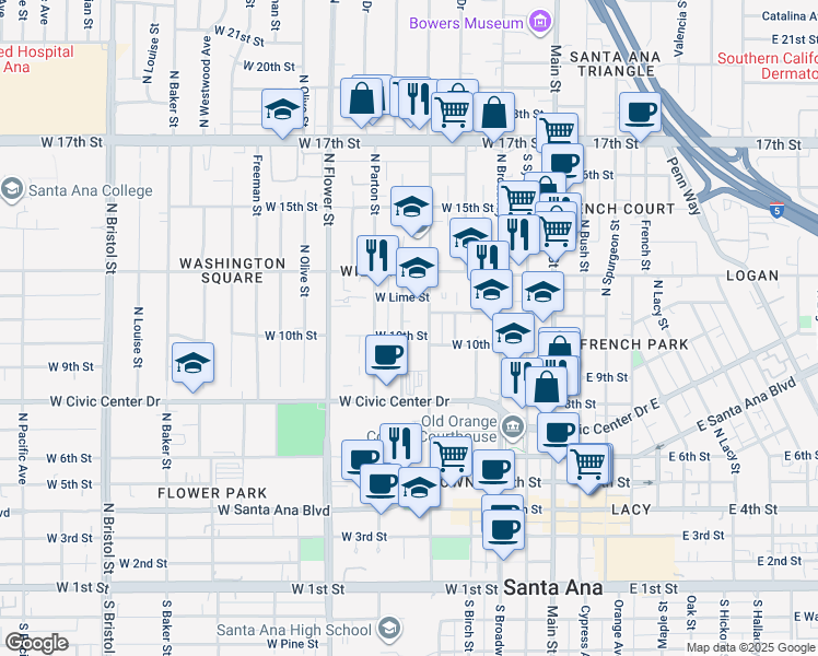 map of restaurants, bars, coffee shops, grocery stores, and more near 1001 North Van Ness Avenue in Santa Ana