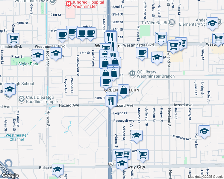 map of restaurants, bars, coffee shops, grocery stores, and more near 14352 Beach Boulevard in Westminster
