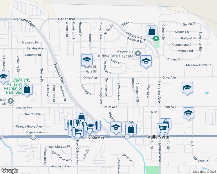 map of restaurants, bars, coffee shops, grocery stores, and more near 25326 Germaine Lane in Hemet