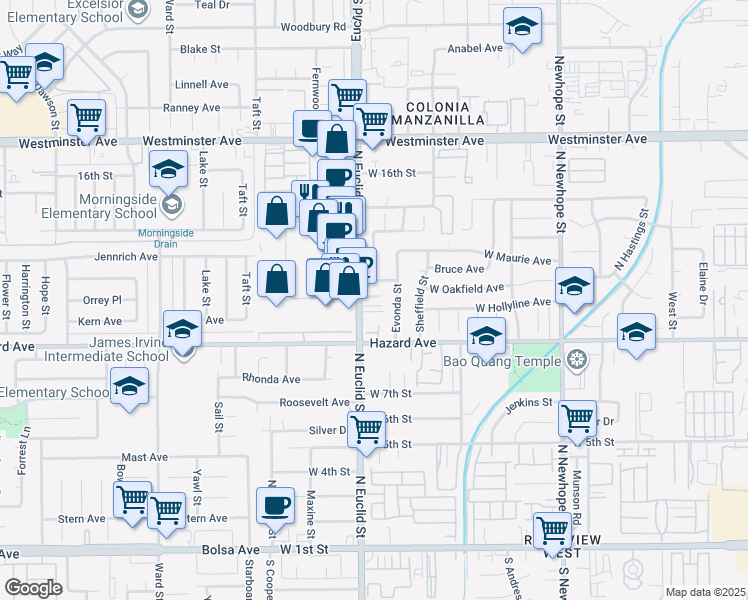 map of restaurants, bars, coffee shops, grocery stores, and more near 14376 Euclid Street in Garden Grove
