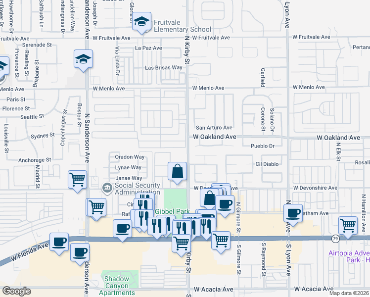 map of restaurants, bars, coffee shops, grocery stores, and more near 545 Kirby Street in Hemet