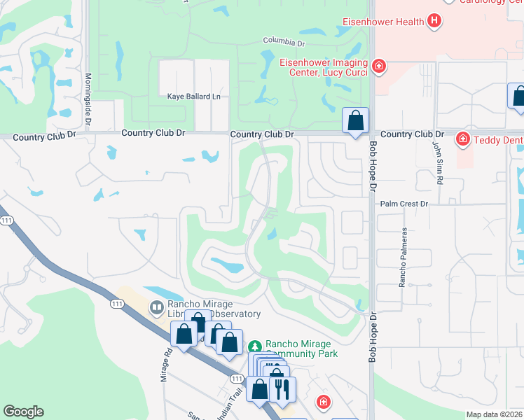 map of restaurants, bars, coffee shops, grocery stores, and more near 16 Valencia Drive in Rancho Mirage