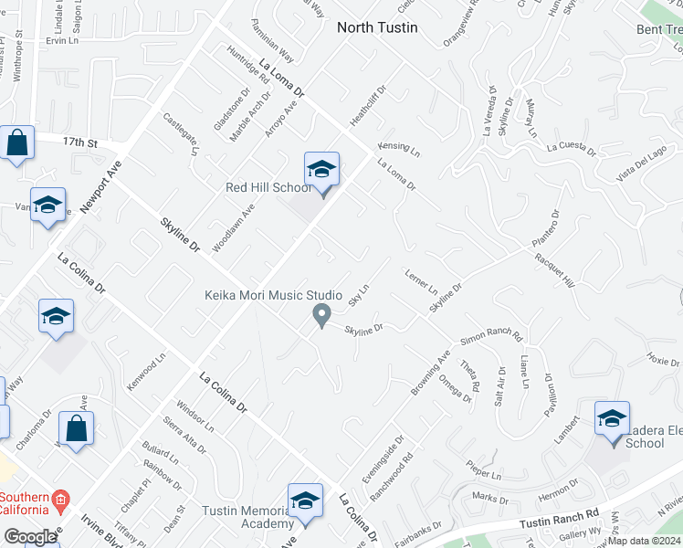 map of restaurants, bars, coffee shops, grocery stores, and more near 12051 Skyway Drive in Santa Ana