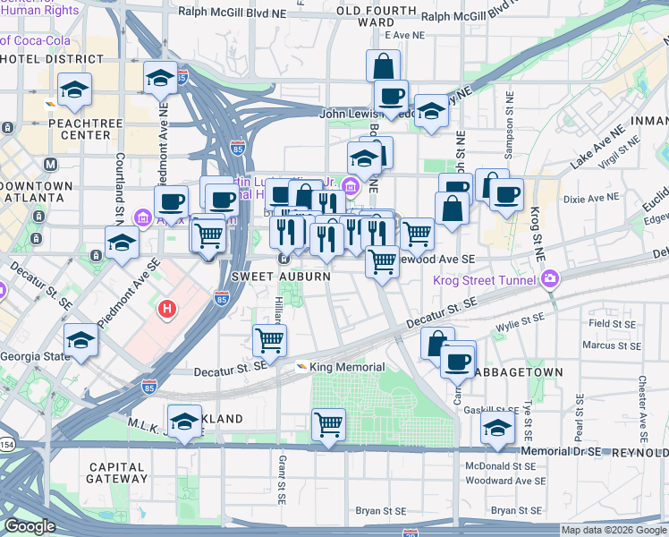 map of restaurants, bars, coffee shops, grocery stores, and more near 412 Chamberlain Street Southeast in Atlanta