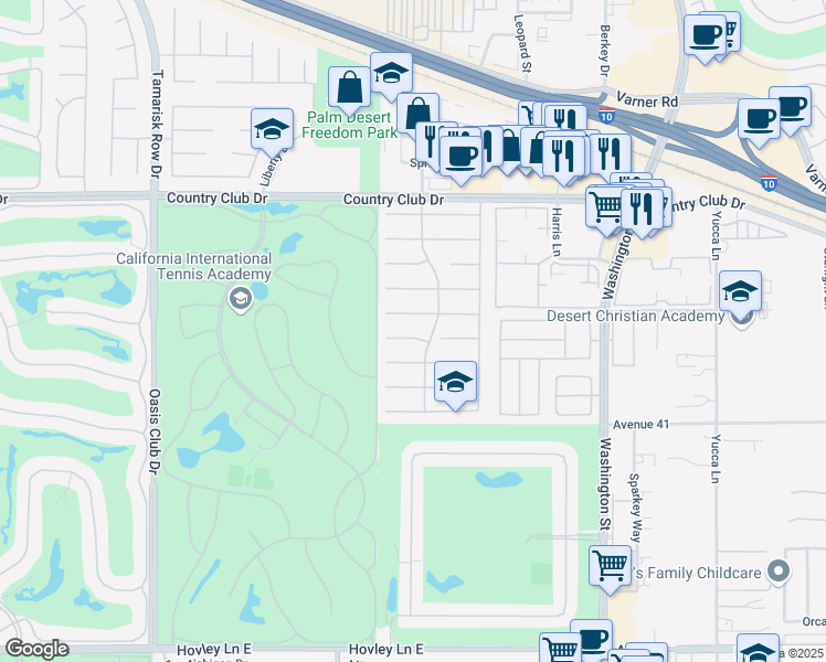 map of restaurants, bars, coffee shops, grocery stores, and more near 77584 Alcot Circle in Palm Desert