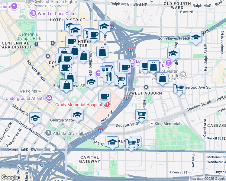 map of restaurants, bars, coffee shops, grocery stores, and more near 199 Edgewood Avenue Southeast in Atlanta