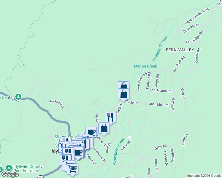 map of restaurants, bars, coffee shops, grocery stores, and more near 54711 Falling Leaf Drive in Idyllwild-Pine Cove
