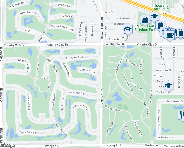 map of restaurants, bars, coffee shops, grocery stores, and more near 901 Deer Haven Circle in Palm Desert