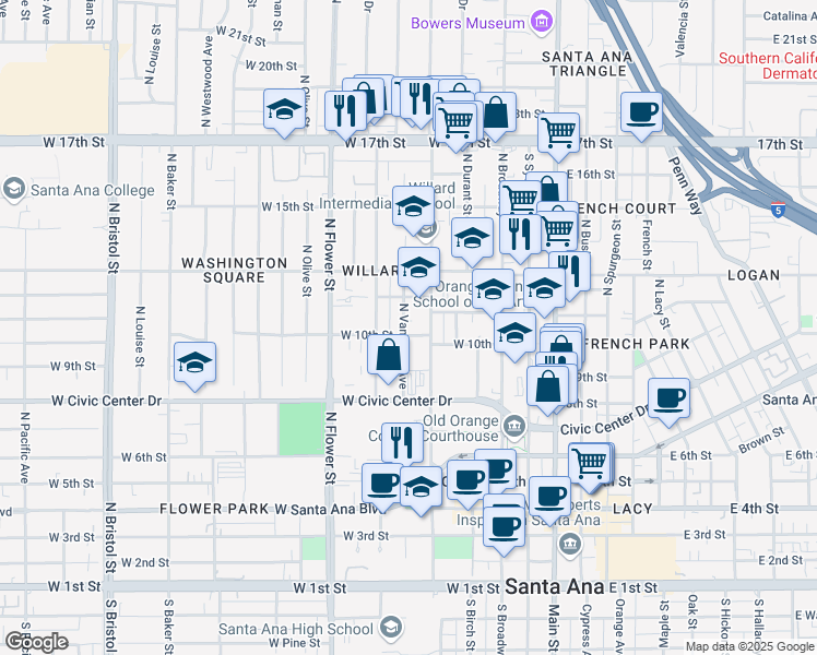 map of restaurants, bars, coffee shops, grocery stores, and more near 1001 North Van Ness Avenue in Santa Ana