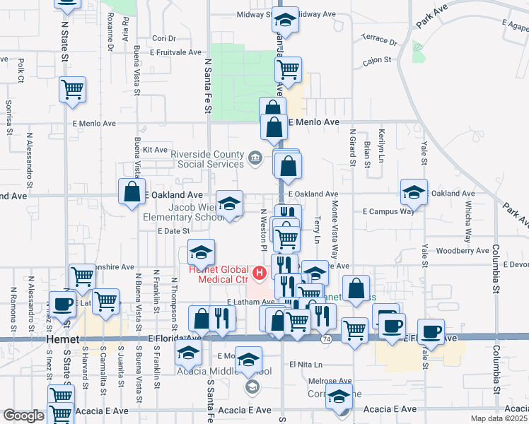 map of restaurants, bars, coffee shops, grocery stores, and more near 935 East Campus Way in Hemet