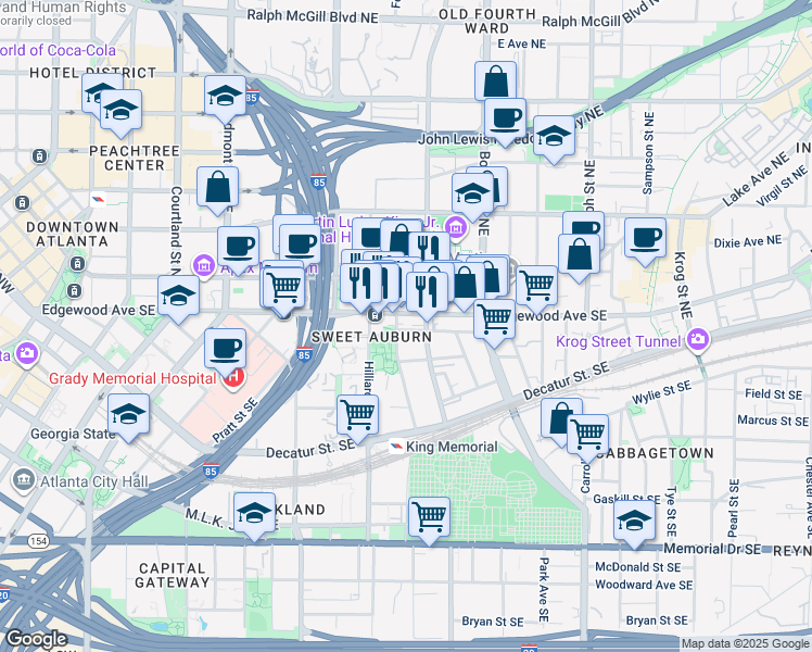 map of restaurants, bars, coffee shops, grocery stores, and more near 16 William Holmes Borders Senior Drive Southeast in Atlanta