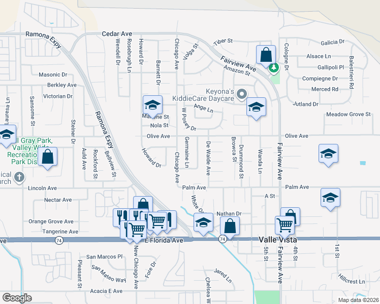 map of restaurants, bars, coffee shops, grocery stores, and more near 25326 Germaine Lane in Hemet
