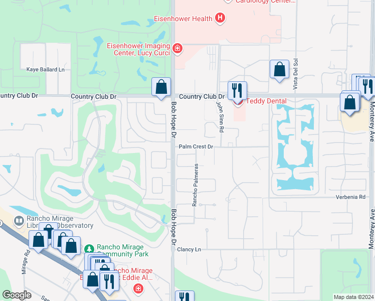 map of restaurants, bars, coffee shops, grocery stores, and more near 2 Varsity Circle in Rancho Mirage
