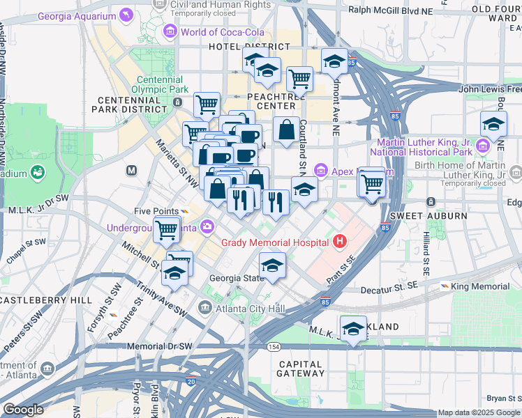 map of restaurants, bars, coffee shops, grocery stores, and more near 50 Hurt Plaza Southeast in Atlanta