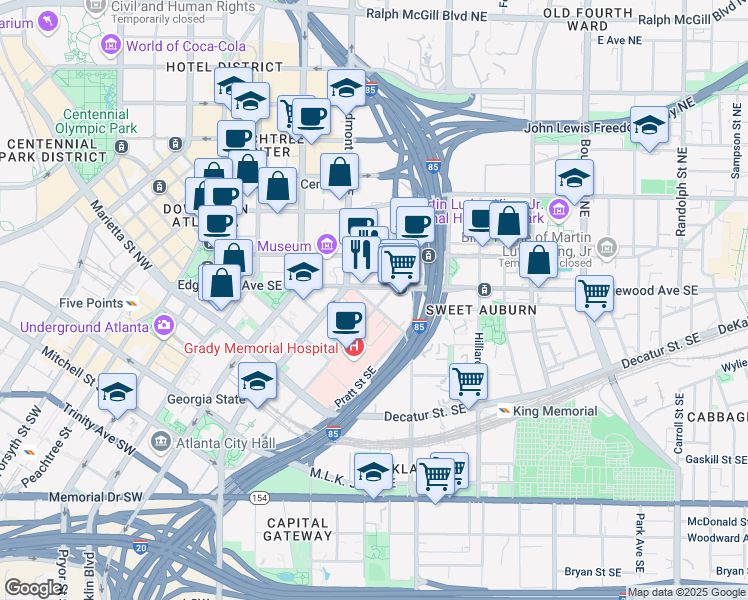 map of restaurants, bars, coffee shops, grocery stores, and more near 23 Jesse Hill Junior Drive Southeast in Atlanta