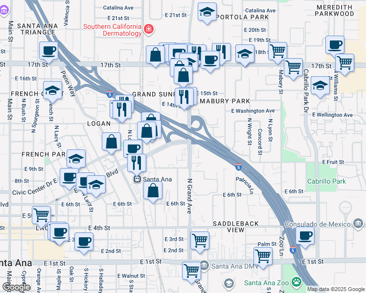 map of restaurants, bars, coffee shops, grocery stores, and more near 976-1046 N Grand Ave in Santa Ana